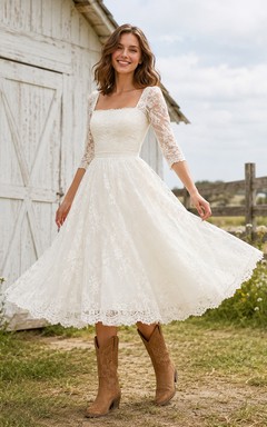Barn Country Simple Romantic Casual A-Line Lace Tulle Wedding Dress with Square Neck Three-Quarter Sleeve Tea-Length
