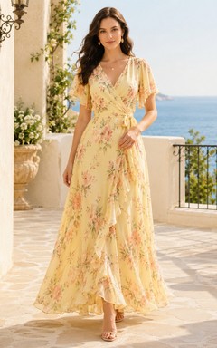 Daffodil Floral Chiffon V-Neck Flutter Sleeve A-Line Floor-Length Romantic Garden Dress