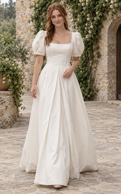 Simple Country Square Neck Rustic Lace Puff Sleeve Pleated Satin Wedding Gown