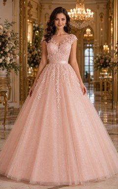 Robe de bal en tulle et dentelle rose poudré à manches courtes pour quinceañera