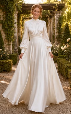 High Neck Poet Sleeve Satin Temple Garden Wedding Dress