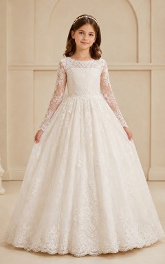 Luxury Bateau Long Lace Sleeve Floor Length Communion Ball Gown