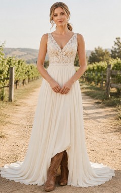 Country Simple Romantic A-Line Lace Tulle Wedding Dress with V-Neck Sleeveless Floor-Length Train Low Back Deep V Detail