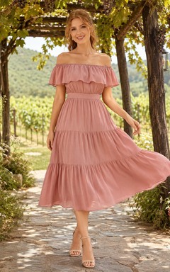Dusty Rose Rustic Vineyard Wedding Guest Bridesmaid Cocktail Formal Dress A-Line Tea-Length Off-Shoulder Sleeveless Chiffon Ruffle Trim Tiered Skirt Zipper Back