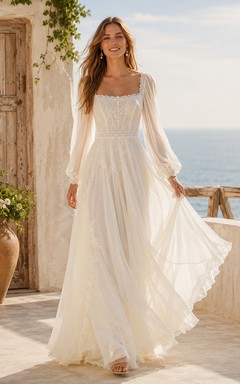 Bohemian Square Puff Sleeve Chiffon Low-Back Sweep Beach Wedding Gown