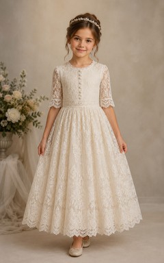 Tea-length Half Sleeve Lace Flower Girl Dress