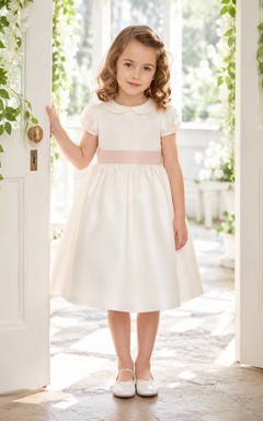 Ivory Satin A-Line Flower Girl Dress with Blush Bow Back and Tea-Length Skirt