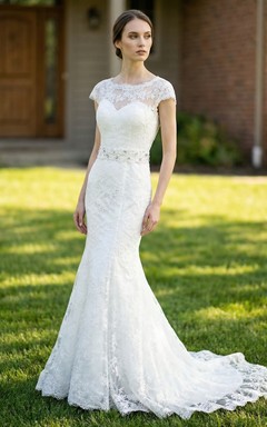 Cap Sleeve Modest Sheath Gown with Beaded Belt