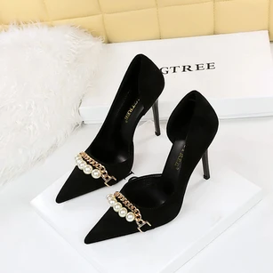 European and American style banquet slim super high heel suede shallow mouth pointed toe pearl metal chain side hollow shoes