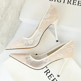 Sexy thin 3.5 inches high-heeled shoes stiletto high-heeled shallow mouth pointed toe mesh hollow lace shoes