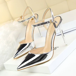 Simple stiletto super high heel shallow mouth pointed toe patent leather sexy nightclub slim one strap belt female sandals
