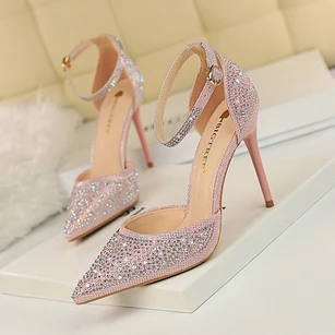 Korean fashion of sweet stiletto high-heeled shallow mouth pointed toe women's sandals with shiny rhinestone