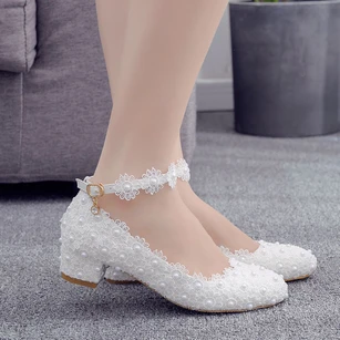 Plus size 3cm square heel round toe wristband spring and autumn white lace wedding shoes