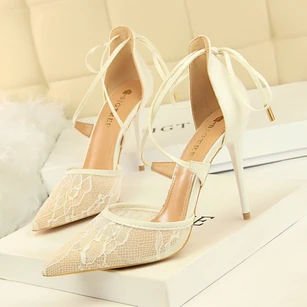 European and American style sexy high heels stiletto shallow mouth pointed toe mesh lace cross strap hollow sandals