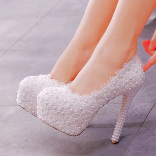 White lace super high heel pearl wedding shoes