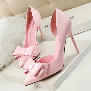 Fashionable and delicate sweet bow 10cm high-heeled shoes stiletto high-heeled shallow mouth pointed toe side hollow single shoes