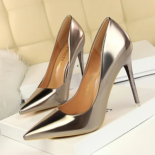 Fashionable metallic high heels high heel shallow mouth pointed toe sexy nightclub slimming shoes