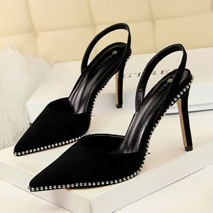 Sexy nightclub slim high-heeled suede shallow mouth hollowed-out rear strap rivet pointy-toed women's sandals