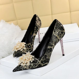Sexy banquet stiletto high-heeled shallow mouth pointed toe pearl flower rhinestone women shoes