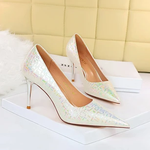 Stiletto shallow mouth pointed toe metallic embossed sexy nightclub slim high-heeled women shoes