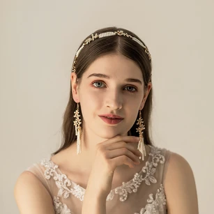 Trendy Pearl Alloy Bridal Headbands and Earrings 