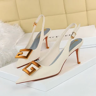 Banquet stiletto high heel shallow mouth pointed toe hollow back strap metal square buckle shoes