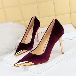 Banquet fashion light luxury high-heeled shoes stiletto metal pointed toe suede women's shoes