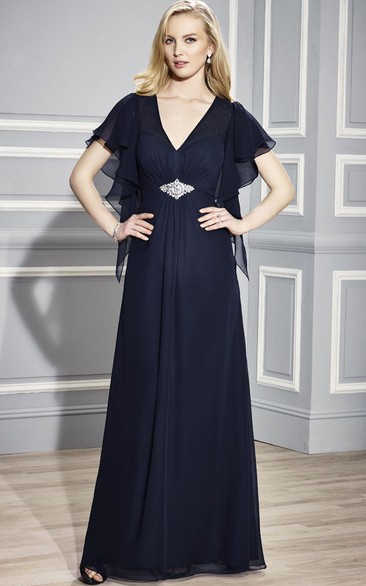 V-neck Poet-sleeve Chiffon long Mother of the Bride Dress With central Ruching