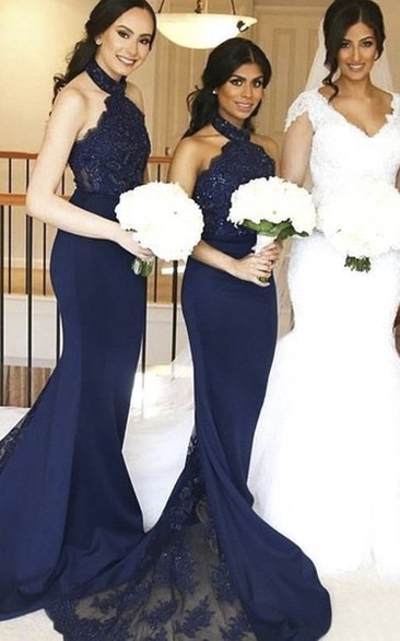 Sleeveless Mermaid Halter Lace And Jersey Appliqued Bridesmaid Dress With Train