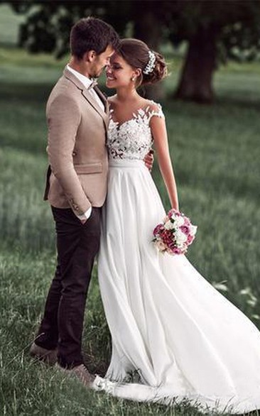 Jewel Chiffon Lace Cap Short Sleeve Wedding Gown