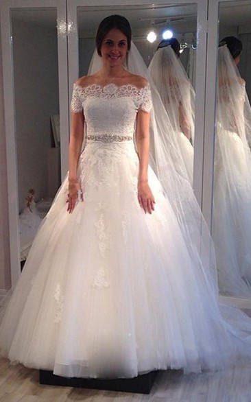 Tulle Jewels Scalloped Off-Shoulder Ball Gown