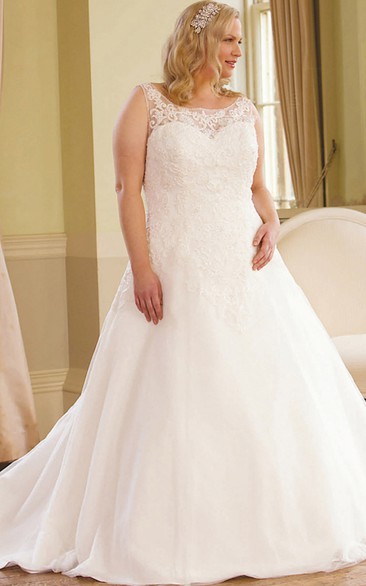 Scoop-neck Lace Sleeveless Ball Gown With Low-V Back And Sweep Train