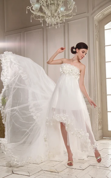 High-Low Floral Sleeveless Strapless Pleating Dress