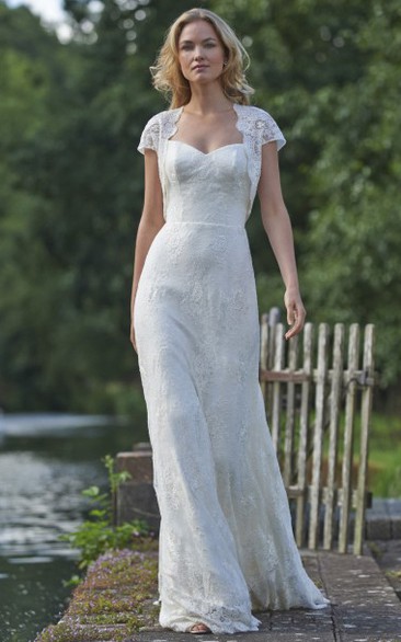 Cap-sleeve Sheath Long Dress With Lace And Illusion