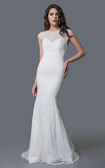 Scoop-neck Cap-sleeve Sheath Lace Wedding Dress With Court Train