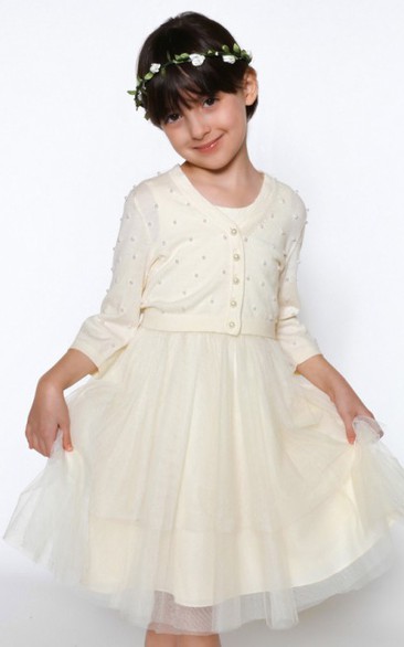 3-4-Sleeve Pleated Scoop-Neckline A-Line Tulle Flower Girl Dress