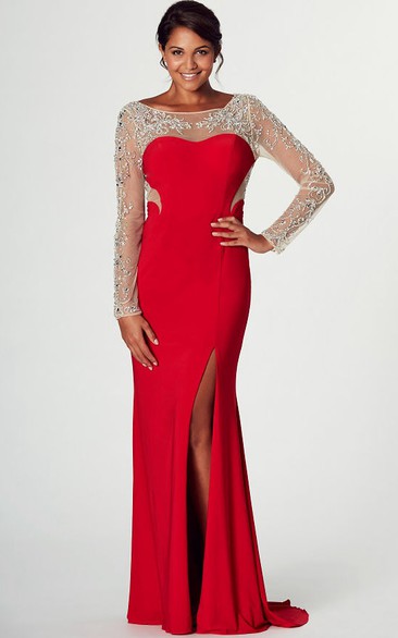 Bateau Illusion Long Sleeve Jersey Dress With Split Front And Beading
