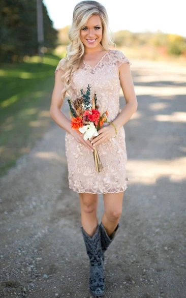 Jewel Illusion Sheath A-Line Lace Cap-Sleeve Dress
