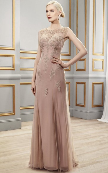 Tulle Illusion Back Appliqued Sleeveless Gown