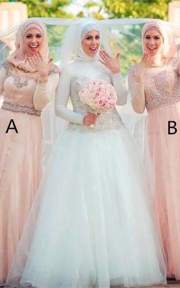 High Neckline Rhinestoned Long-Sleeve Elegant Bridesmaid Dress