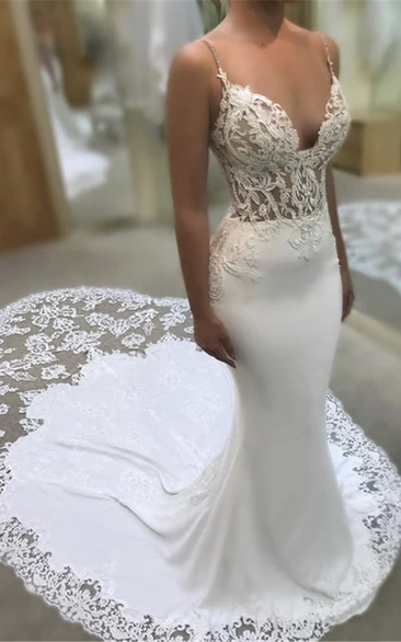 Romantic Spaghetti Plunging Sexy Lace Bridal Gown With Cathedral Train