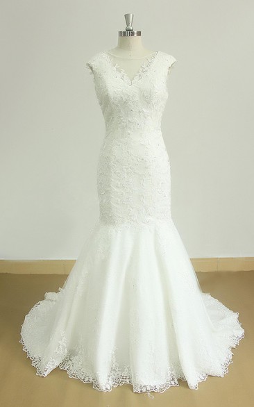 Tulle Satin Cap-Sleeve V-Neckline Wedding Lace Dress