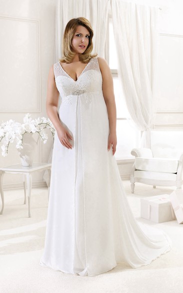 dipped-v-neck Sleeveless A-line Empire Dress With Lace And Beading