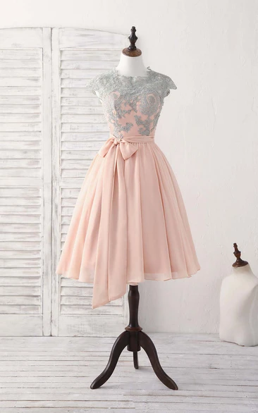 Blush Ethereal Cap Sleeve A Line Chiffon Dress with Appliques and Bow
