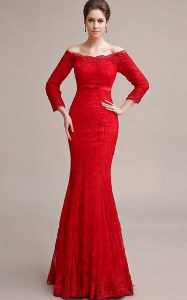 Mermaid Floor-length Off-the-shoulder T-shirt Long Sleeve Lace Dress with Pleats