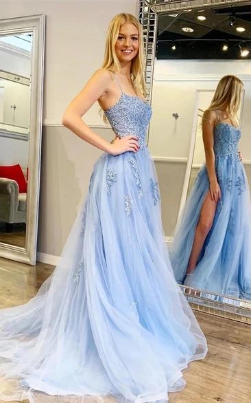 Spaghetti Square Tulle Sleeveless Floor-length Backless Tied Back A Line Prom Dress