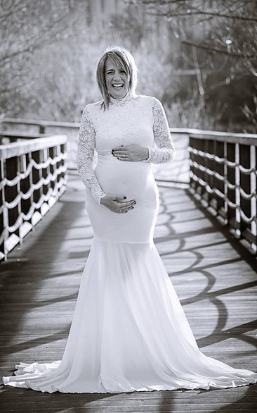 Country High Neck Long Sleeve Lace Pleated Ruffled Maternity Wedding Dress