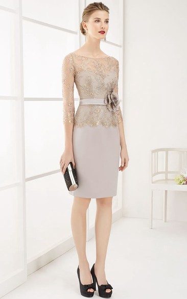 Bateau 3-4-sleeve Pencil short Dress With Lace And flower