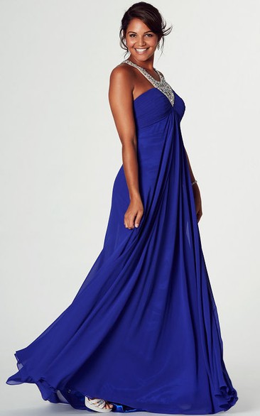 jeweled Jersey Ruched long Prom Dress With Zipper