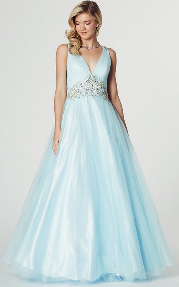 Plunged Sleeveless Tulle Satin Ball Gown With Embellished Waist